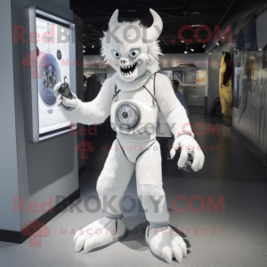 White Demon mascot costume character dressed with a Skinny Jeans and Handbags