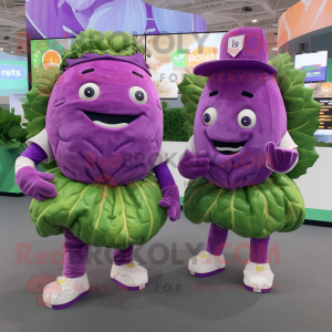 Purple Corned Beef And Cabbage mascot costume character dressed with a Playsuit and Smartwatches