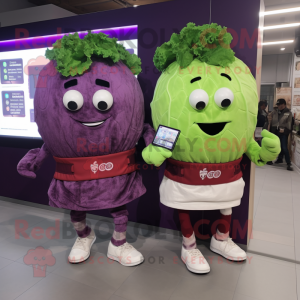 Purple Corned Beef And Cabbage mascot costume character dressed with a Playsuit and Smartwatches