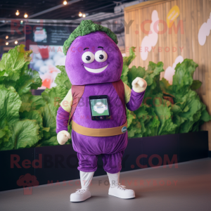 Purple Corned Beef And Cabbage mascot costume character dressed with a Playsuit and Smartwatches