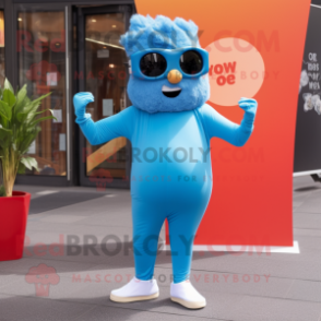 Sky Blue Goulash mascot costume character dressed with a Yoga Pants and Sunglasses