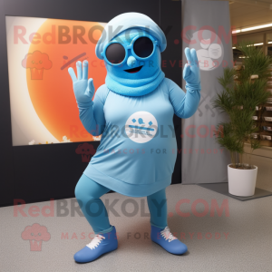 Sky Blue Goulash mascot costume character dressed with a Yoga Pants and Sunglasses