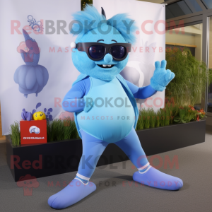 Sky Blue Goulash mascot costume character dressed with a Yoga Pants and Sunglasses