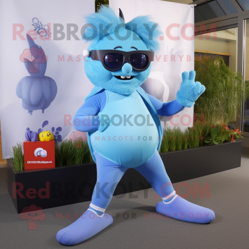 Sky Blue Goulash mascot costume character dressed with a Yoga Pants and Sunglasses Sky Blue Goulash mascot costume character dressed with a Yoga Pants and Sunglasses