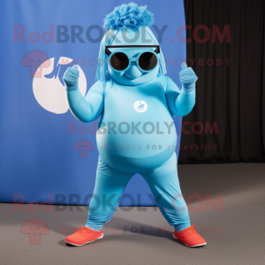 Sky Blue Goulash mascot costume character dressed with a Yoga Pants and Sunglasses