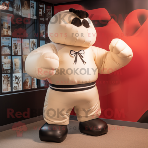 Cream Boxing Glove mascot costume character dressed with a Rugby Shirt and Bow ties