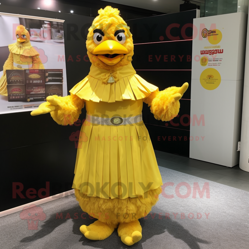 Yellow Fried Chicken mascot costume character dressed with a Empire Waist Dress and Bracelets Yellow Fried Chicken mascot costume character dressed with a Empire Waist Dress and Bracelets