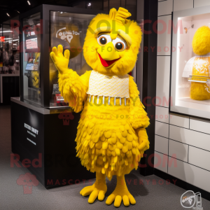 Yellow Fried Chicken mascot costume character dressed with a Empire Waist Dress and Bracelets