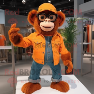 Orange Chimpanzee mascot costume character dressed with a Flare Jeans and Eyeglasses
