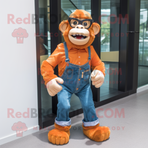 Orange Chimpanzee mascot costume character dressed with a Flare Jeans and Eyeglasses