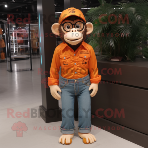 Orange Chimpanzee mascot costume character dressed with a Flare Jeans and Eyeglasses