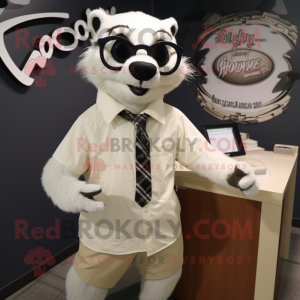 White Badger mascot costume character dressed with a Pencil Skirt and Eyeglasses
