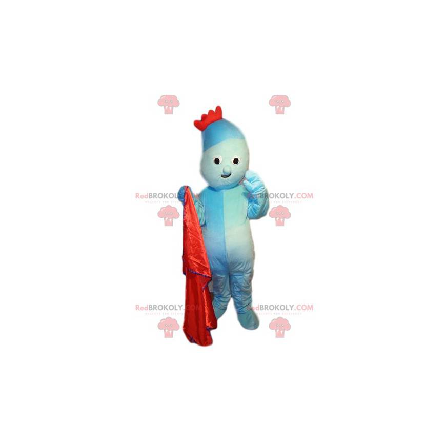 Mascota de personaje azul aguamarina con corona roja -