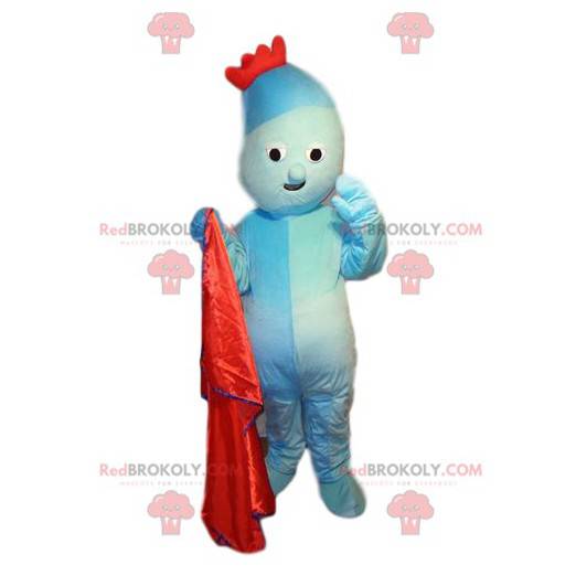 Mascota de personaje azul aguamarina con corona roja -