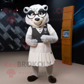 White Badger mascot costume character dressed with a Pencil Skirt and Eyeglasses