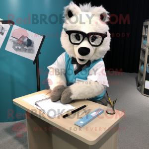 White Badger mascot costume character dressed with a Pencil Skirt and Eyeglasses