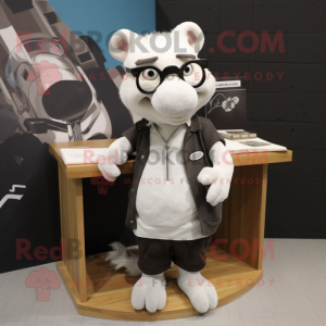 White Badger mascot costume character dressed with a Pencil Skirt and Eyeglasses