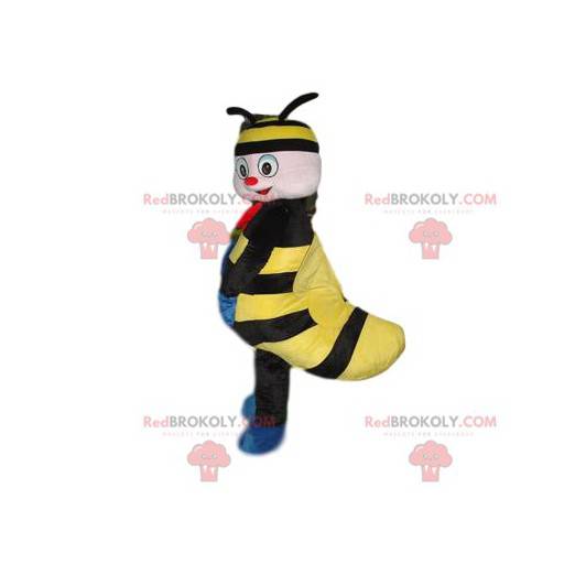 Mascot pequeño insecto negro y amarillo con una hermosa sonrisa