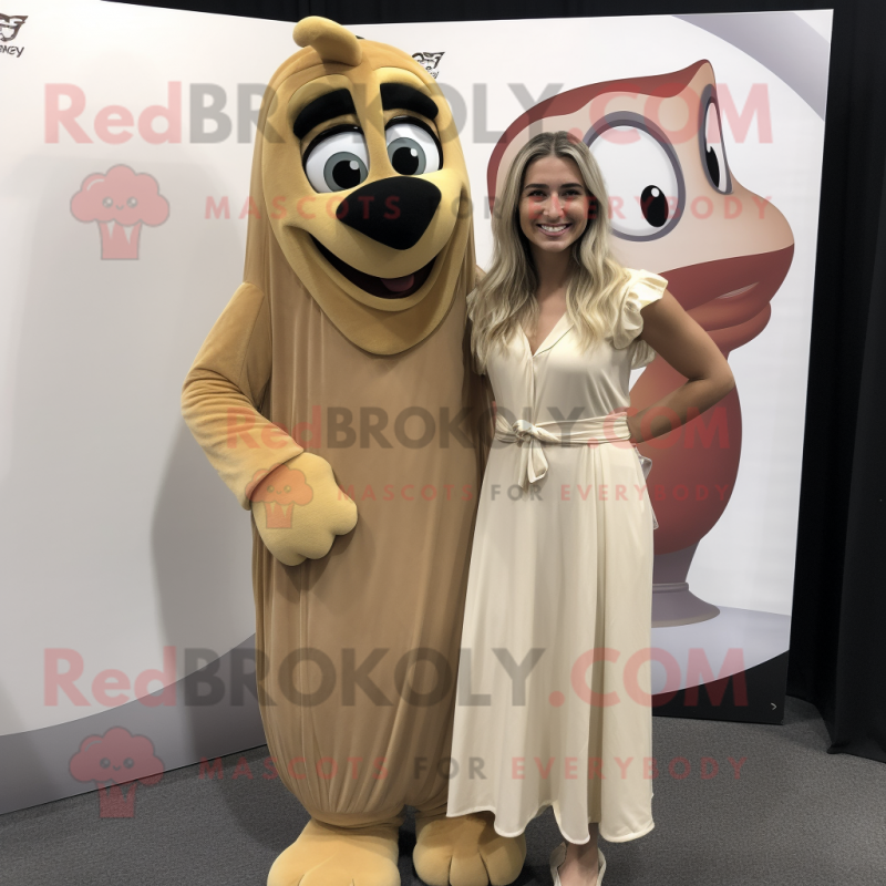 Tan Alliance mascot costume character dressed with a Maxi Dress and Earrings Tan Alliance mascot costume character dressed with a Maxi Dress and Earrings