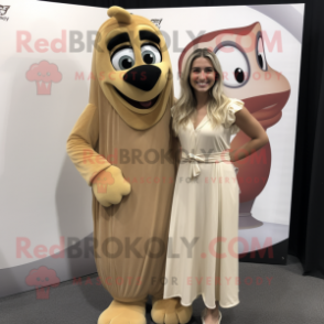 Tan Alliance mascot costume character dressed with a Maxi Dress and Earrings