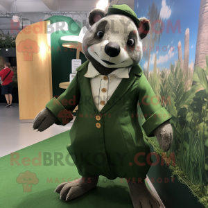 Olive Badger mascot costume character dressed with a A-Line Skirt and Tie pins
