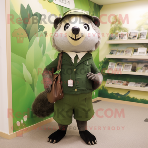 Olive Badger mascot costume character dressed with a A-Line Skirt and Tie pins