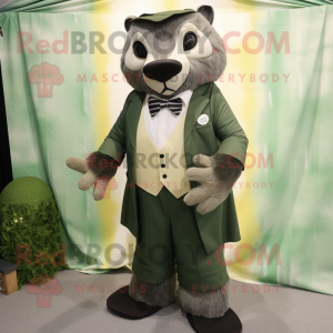 Olive Badger mascot costume character dressed with a A-Line Skirt and Tie pins