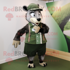 Olive Badger mascot costume character dressed with a A-Line Skirt and Tie pins