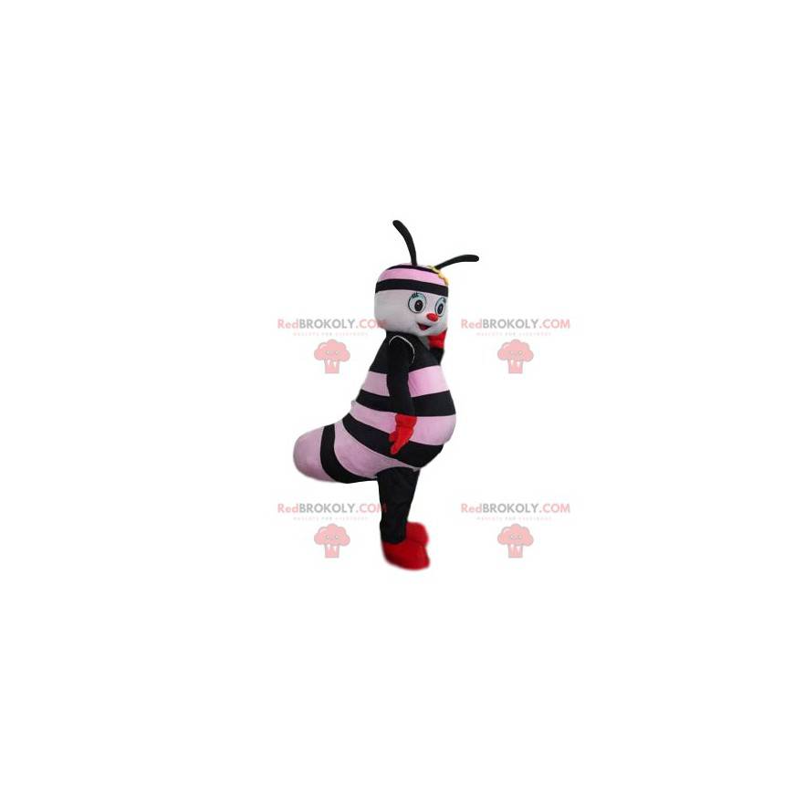 Mascote pequeno inseto preto e rosa com um sorriso bonito -