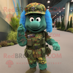 Blue Green Beret mascot costume character dressed with a Skirt and Bracelets
