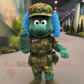 Blue Green Beret mascot costume character dressed with a Skirt and Bracelets