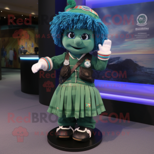 Blue Green Beret mascot costume character dressed with a Skirt and Bracelets