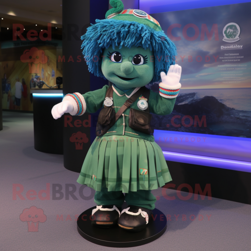 Blue Green Beret mascot costume character dressed with a Skirt and Bracelets