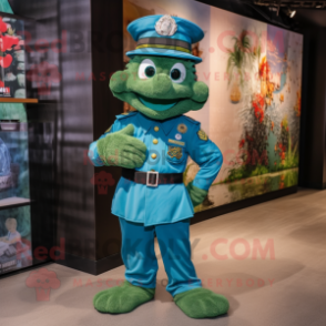 Blue Green Beret mascot costume character dressed with a Skirt and Bracelets