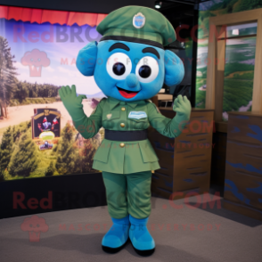 Blue Green Beret mascot costume character dressed with a Skirt and Bracelets