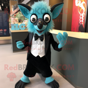 Turquoise Aye-Aye mascot costume character dressed with a Tuxedo and Anklets