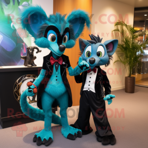 Turquoise Aye-Aye mascot costume character dressed with a Tuxedo and Anklets