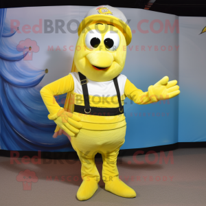 Lemon Yellow Shrimp Scampi mascot costume character dressed with a Waistcoat and Belts