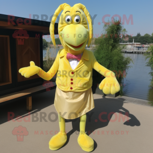 Lemon Yellow Shrimp Scampi mascot costume character dressed with a Waistcoat and Belts