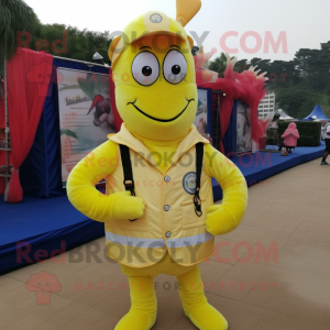 Lemon Yellow Shrimp Scampi mascot costume character dressed with a Waistcoat and Belts