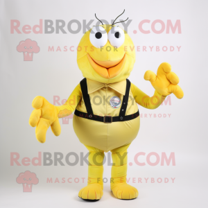 Lemon Yellow Shrimp Scampi mascot costume character dressed with a Waistcoat and Belts