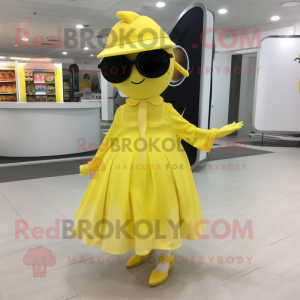 Lemon Yellow Steak mascot costume character dressed with a Circle Skirt and Sunglasses