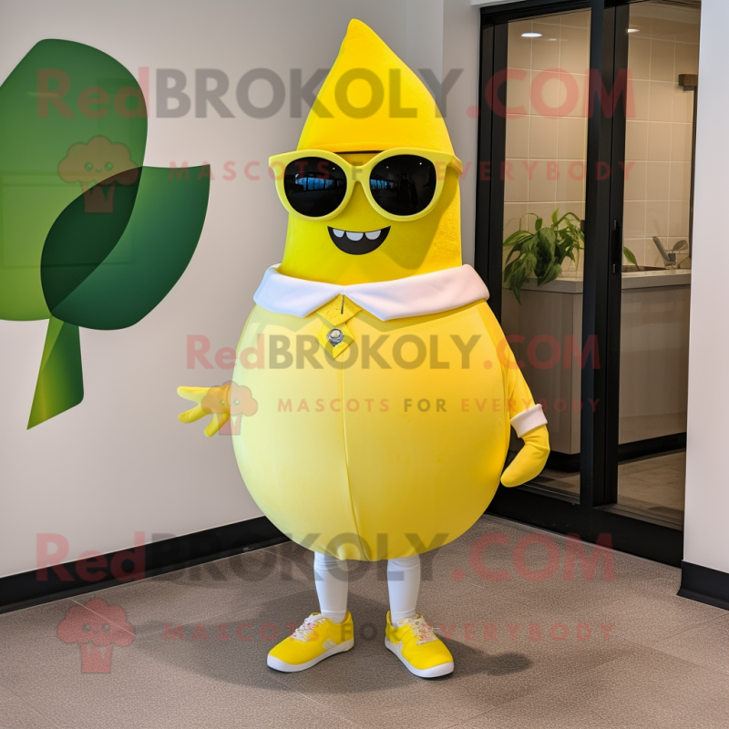 Lemon Yellow Steak mascot costume character dressed with a Circle Skirt and Sunglasses