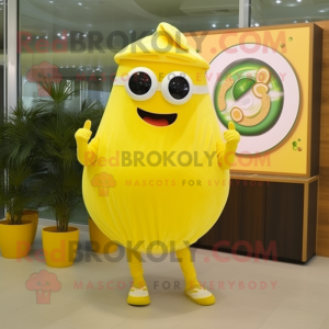 Lemon Yellow Steak mascot costume character dressed with a Circle Skirt and Sunglasses