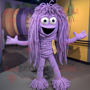 Lavender Spaghetti mascot costume character dressed with a Jumpsuit and Bracelets