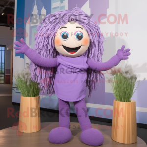 Lavender Spaghetti mascot costume character dressed with a Jumpsuit and Bracelets