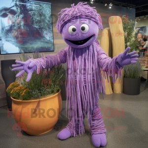 Lavender Spaghetti mascot costume character dressed with a Jumpsuit and Bracelets
