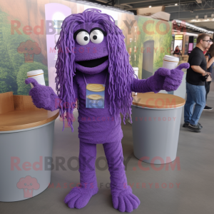 Lavender Spaghetti mascot costume character dressed with a Jumpsuit and Bracelets