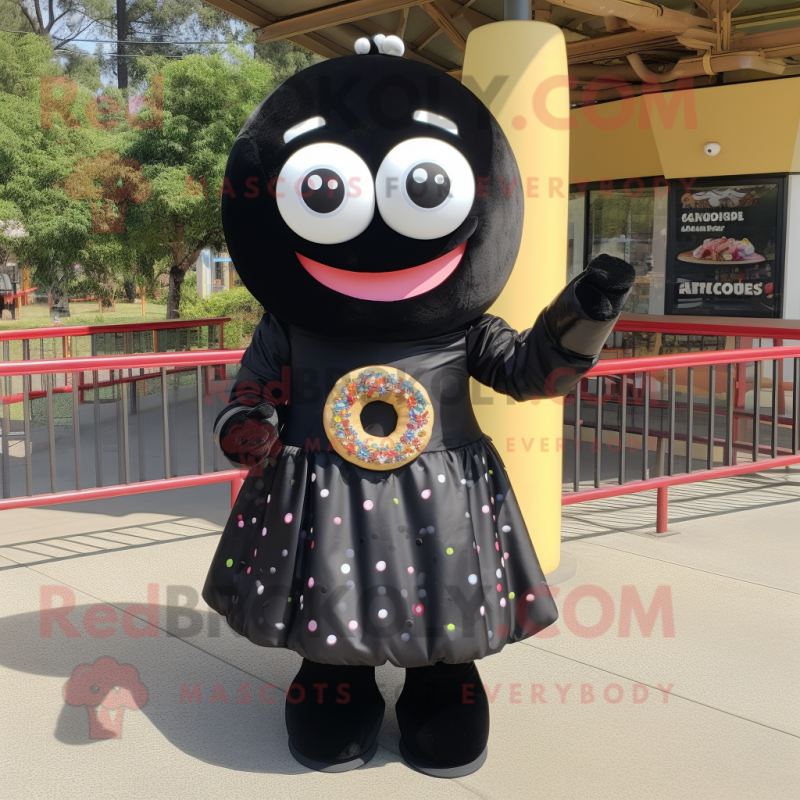 Black Donut mascot costume character dressed with a Skirt and Bracelets