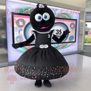 Black Donut mascot costume character dressed with a Skirt and Bracelets
